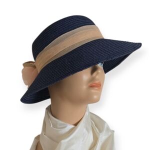 Silverstone Navy Straw Sun Hat with Blush Rose Trim OS (22” Circumference)